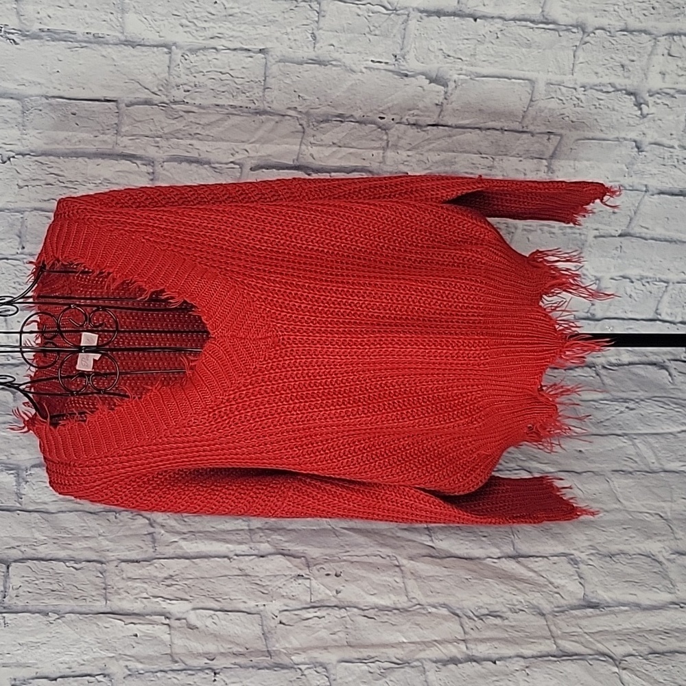 PINK LILY Red Fringed V-neck‎ Oversized Sweater Medium